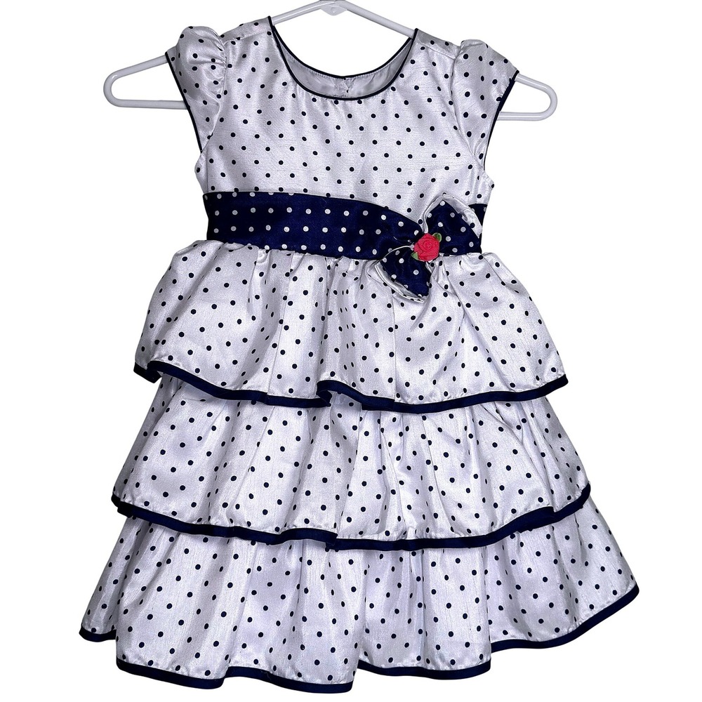 Jona Michelle Toddler Girls White Navy Polka Dot Tiered Fancy Party Dress‎ 4T